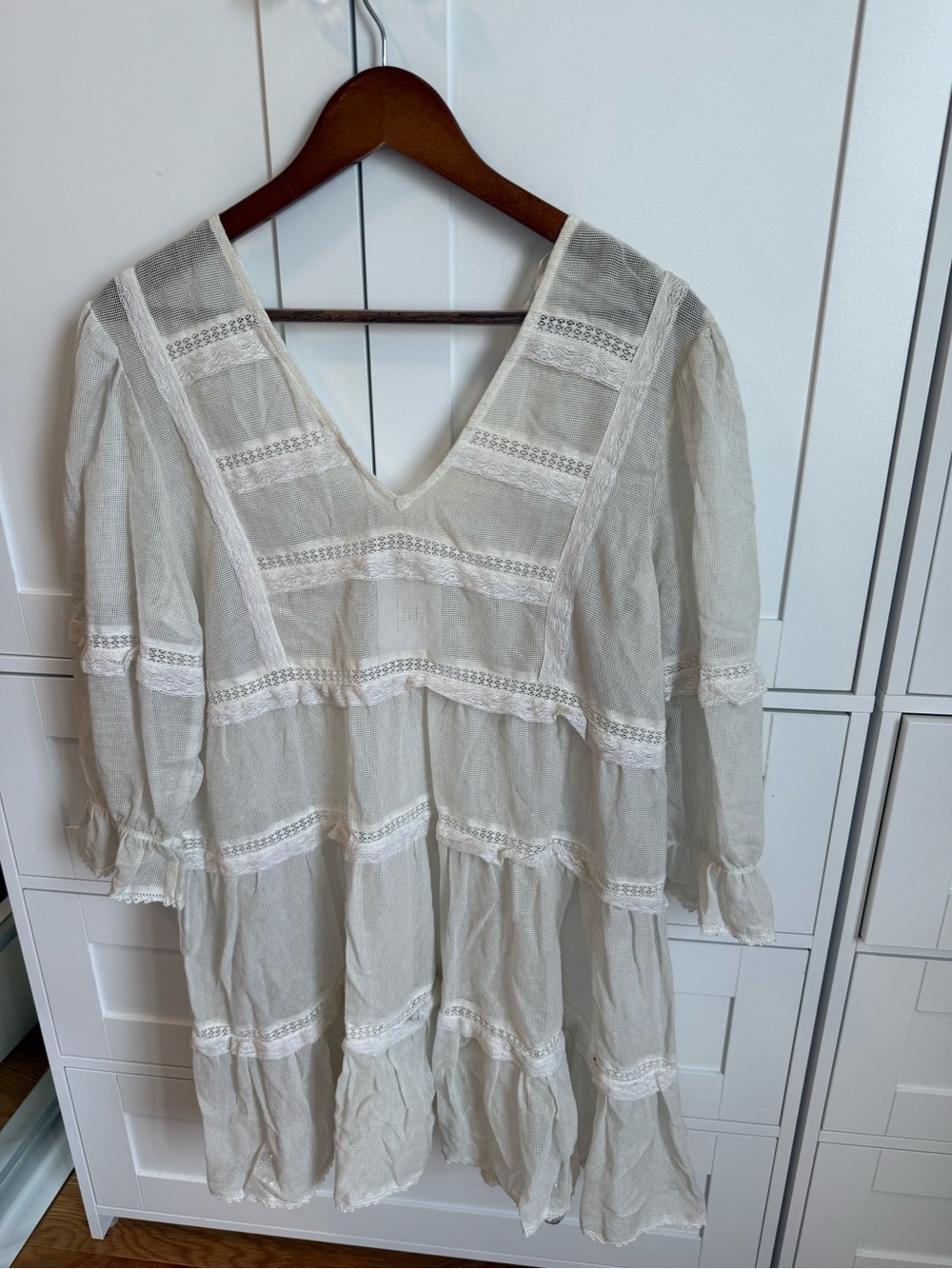 Free People Cream Tiered Lace-Trim Midi Dress